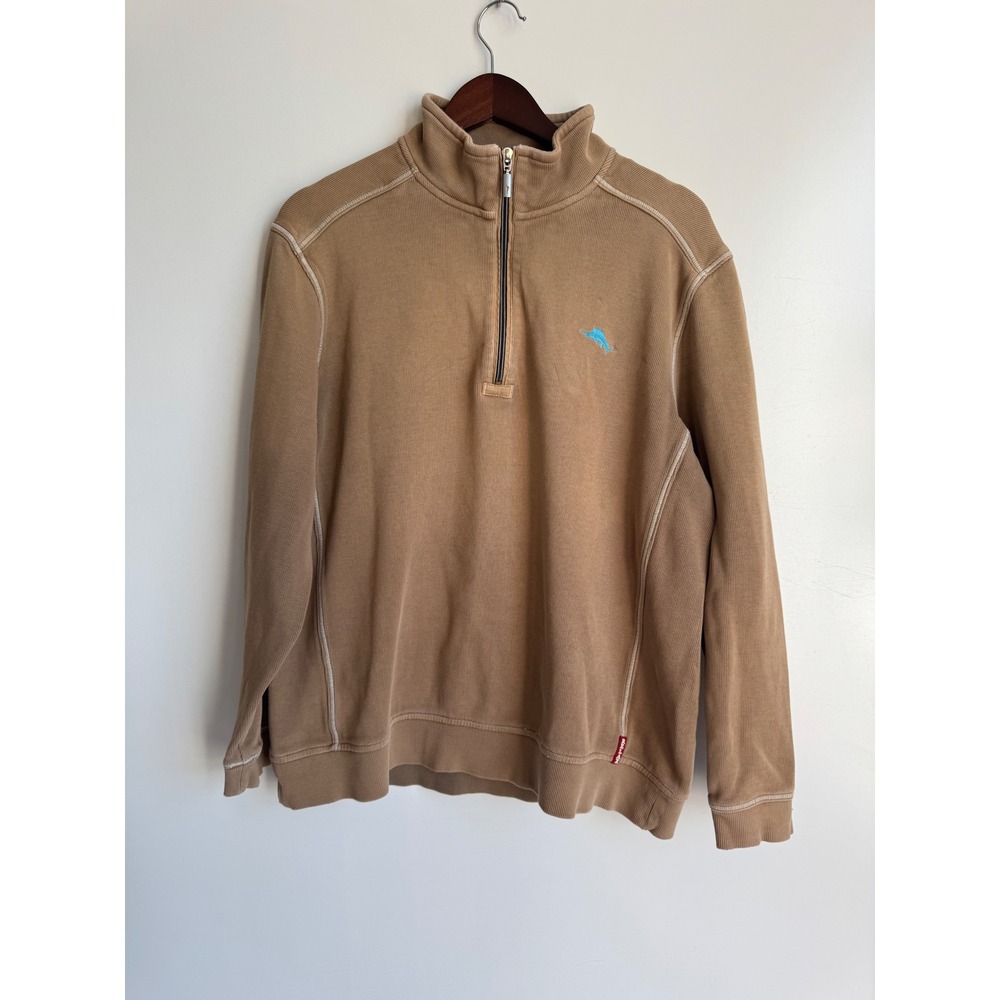 Tommy Bahama Relax Mens Large Tan Khaki 100 Cotton 1/4 Zip Pullover Sweater